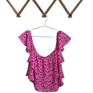 Buddy Love Pink and Red Cheetah Print Ruffle Off-the Shoulder Crop Top (Small)